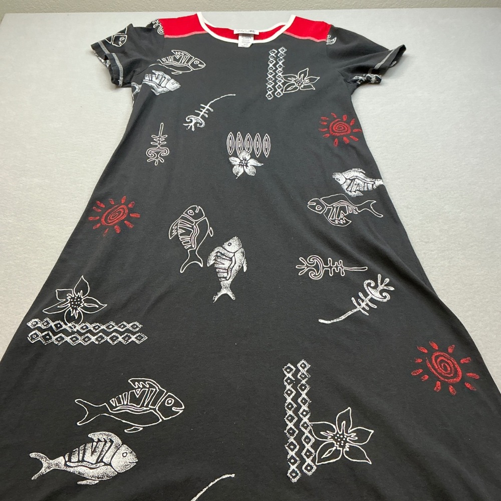 Copa Cabana Tribal Fish Print T-Shirt‎ Dress Medium Black Red Cotton Midi Casual